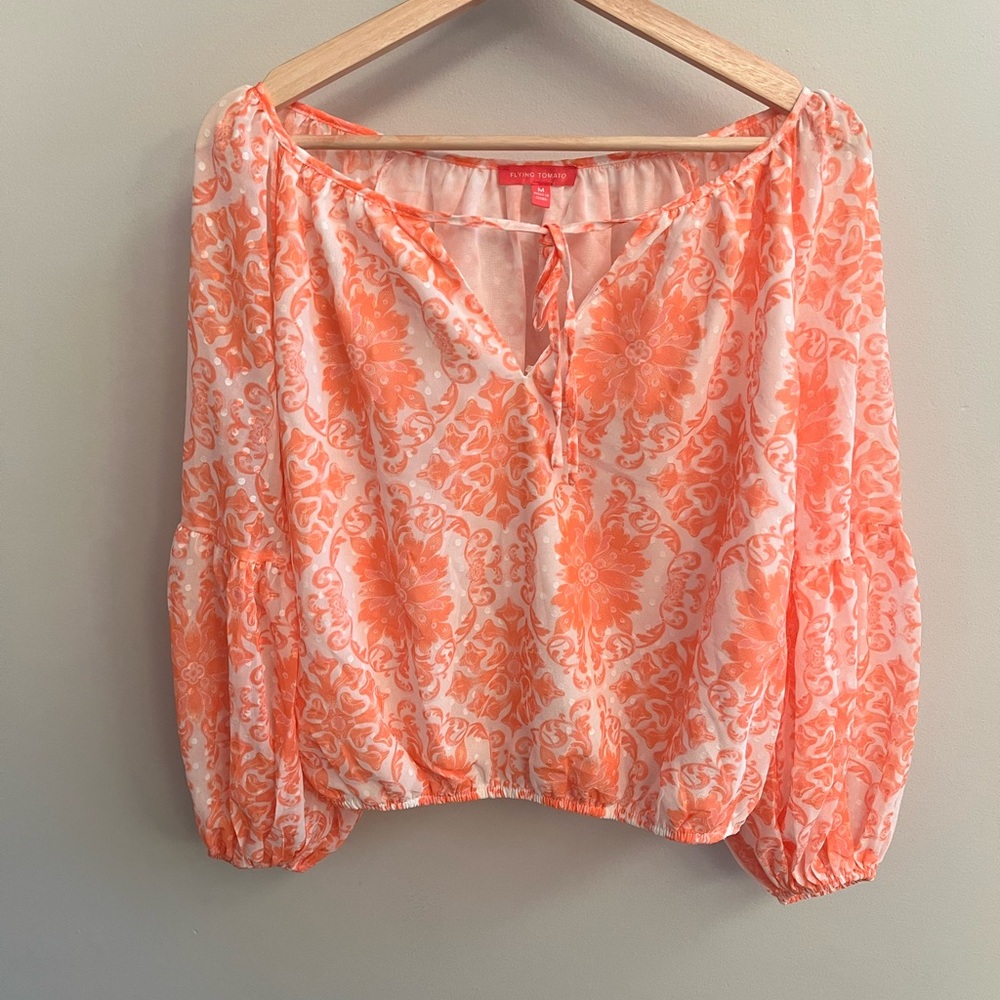 Flying Tomato Orange White Damask Swiss Dot Balloon Sleeve Peasant Blouse Medium